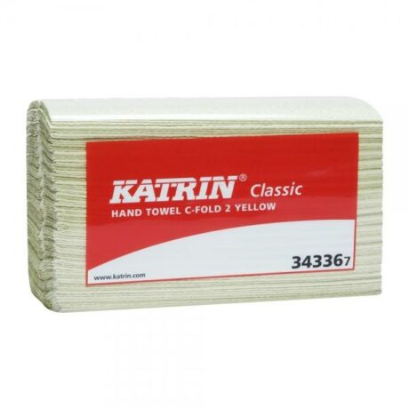 Gul Katrin C-Fold-handduk. Förpackning: Säck med 16 paket (110 ark/paket).